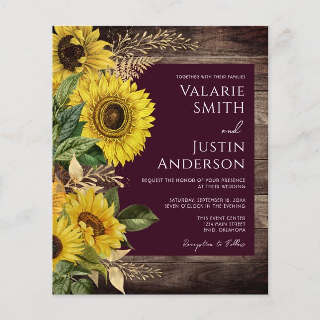 Flyer Invitaciones a la boda del girasol de la madera rú (Frente)