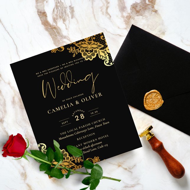 Flyer Invitaciones de boda de encaje de oro negro (Subido por el creador)