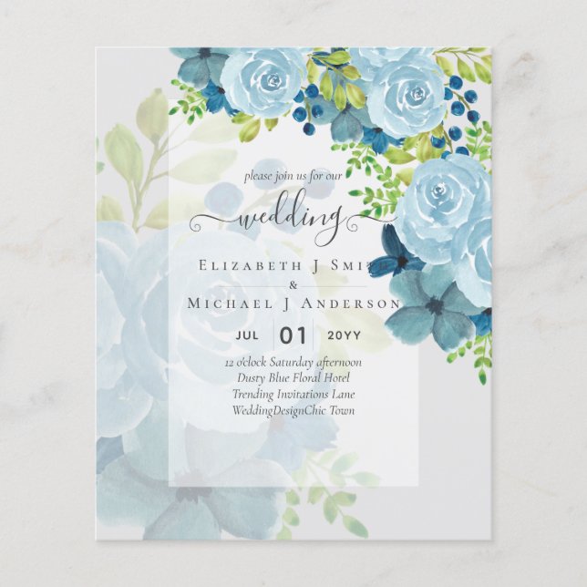 FLYER INVITACIONES DE BODA DE FLORES AZULES DOSTILES - P (Frente)
