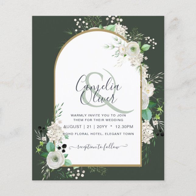 Flyer Invitaciones de boda de rosas blancas con arco y P (Frente)