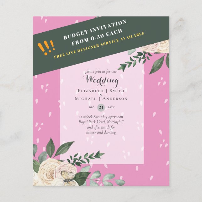 Flyer Invitaciones de Boda de Rosas Blancas con el PRESU (Frente)