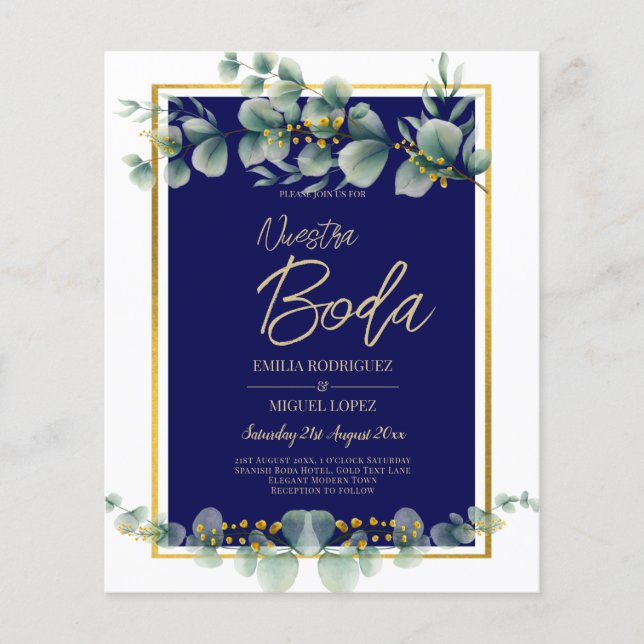 Flyer Invitaciones De Boda Elegantes Marina Oro Azul (Frente)