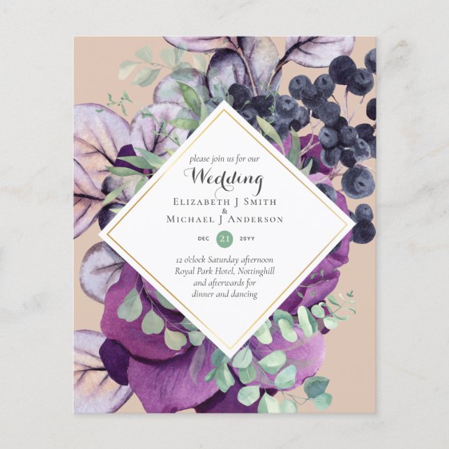 Flyer Invitaciones de boda florales moradas y azules pre (Frente)