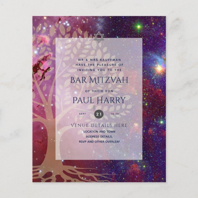 Flyer Invitaciones de MITZVAH BAR azul de la galaxia del (Frente)