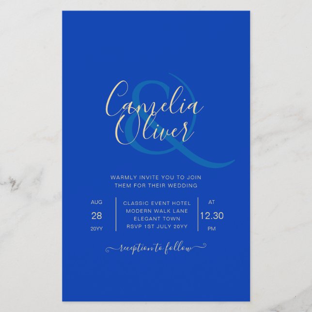 Flyer InVITADO de Boda Monocromática Azul Real (Frente)