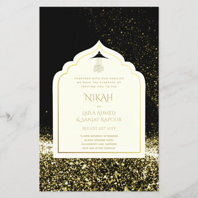 Flyer Invitan a la boda islámica LeahG Black Gold (Frente)