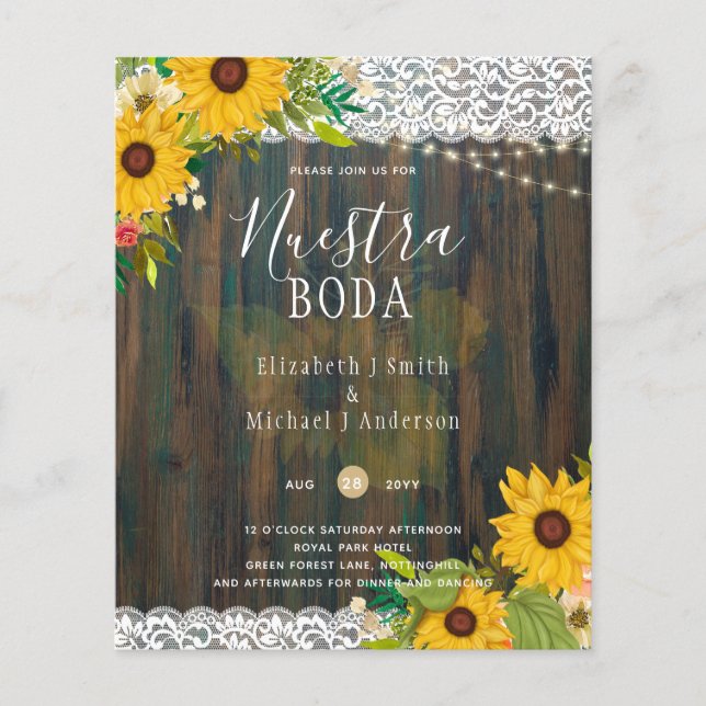 Flyer Invitan a LeahG Nuestra Boda Sunflowers Lace Light (Frente)