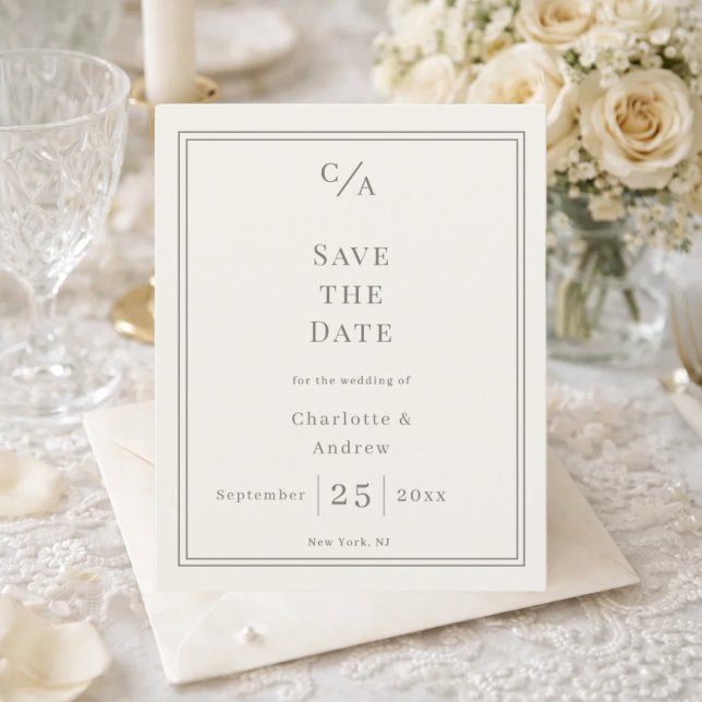 Flyer Ivory taupe monogrammed wedding Save the Date (Subido por el creador)