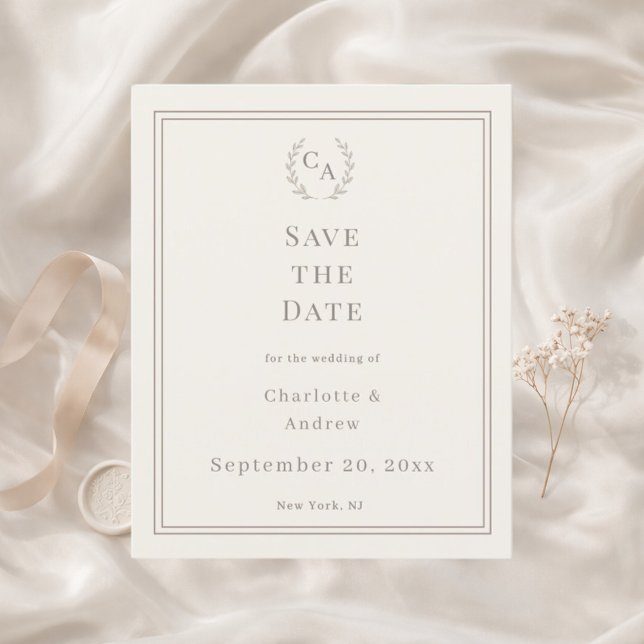 Flyer Ivory taupe monogrammed wedding Save the Date (Subido por el creador)