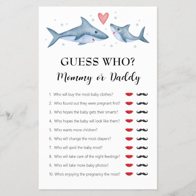 Flyer Juego "Adivina quién es mamá o papá" de Shark Baby (Frente)