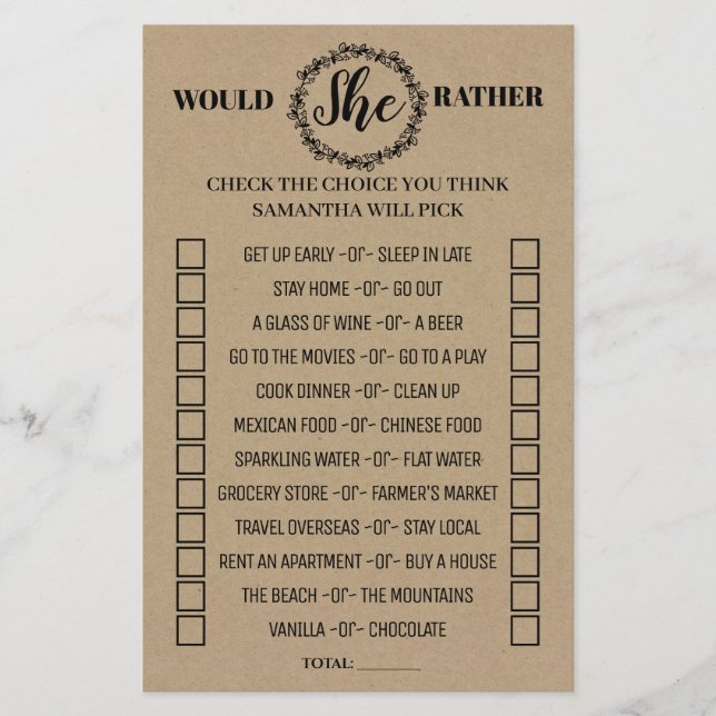 Flyer Juego bilingüe de ducha rústica ¿Ella Preferiría? (Frente)