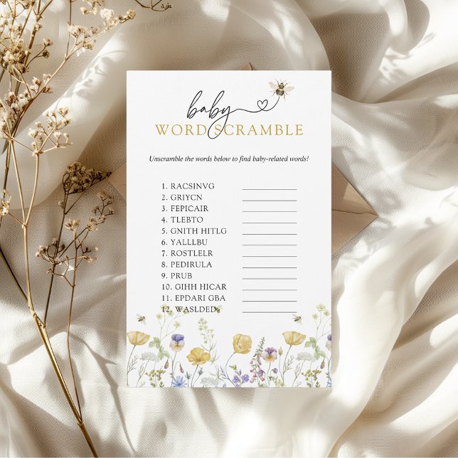 Flyer Juego de Baby Shower Baby Word Scramble Bee Wildfl (baby word scramble mama to bee wildflowers fun baby shower game)