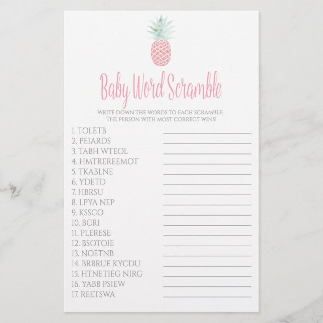 Flyer Juego de Baby Shower Baby Word Scramble Pineapple (Frente)