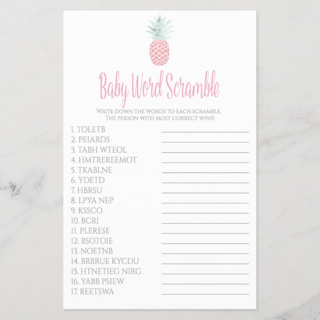 Flyer Juego de Baby Shower Baby Word Scramble Pineapple (Frente)