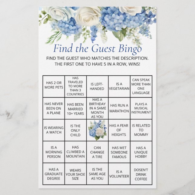 Flyer Juego de Baby Shower Blue Hydrangea Floral Guest B (Frente)