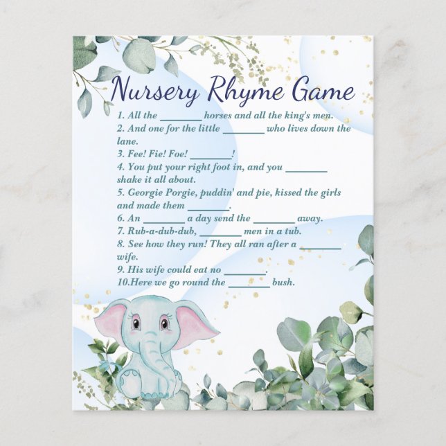 Flyer Juego de Baby Shower Cute Blue Elephant y Eucalypt (Frente)