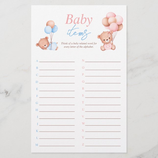 Flyer Juego de Baby Shower de Baby Items Boy Chica (Frente)