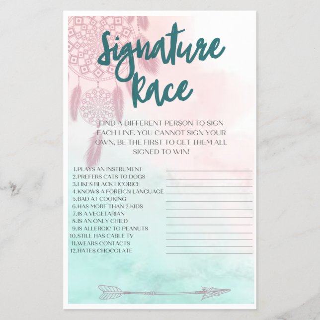 Flyer Juego de Baby Shower de Boho Signature Race (Frente)