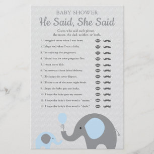 Flyer Juego de Baby Shower del Elefante Azul Él Dijo Ell