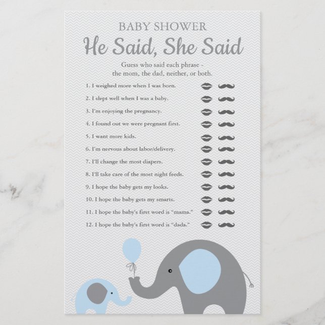 Flyer Juego de Baby Shower del Elefante Azul Él Dijo Ell (Frente)