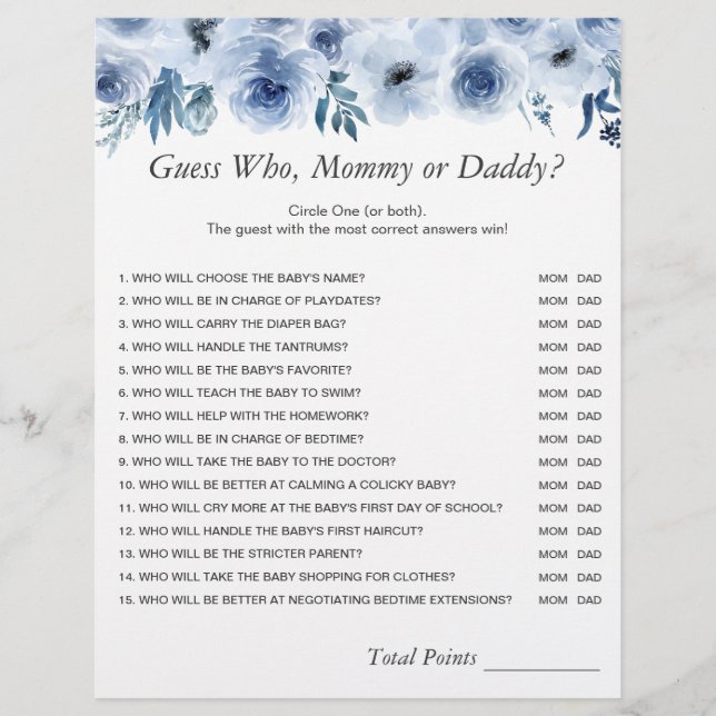 Flyer Juego de Baby Shower Dusty Blue Floral Mami o Dadd (Frente)