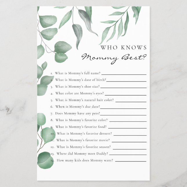 Flyer Juego de Baby Shower Eucalyptus que conoce mejor a (Frente)