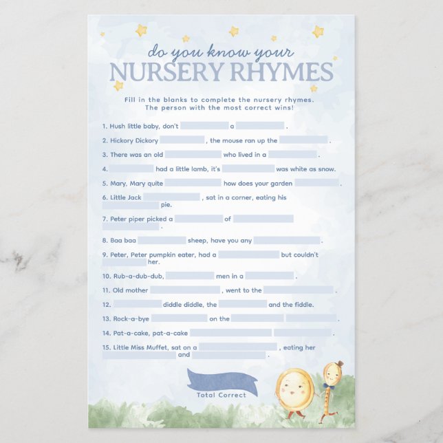 Flyer Juego de Baby Shower Fairy Tale Nursery Rhyme (Frente)