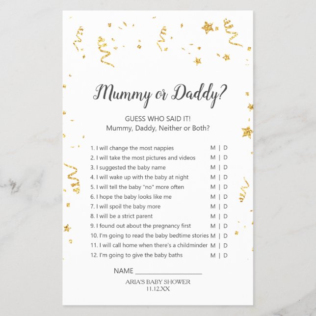 Flyer Juego de Baby Shower Mummy o Daddy de la celebraci (Frente)