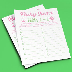 Flyer Juego de Baby Shower Nautic Items A to Z