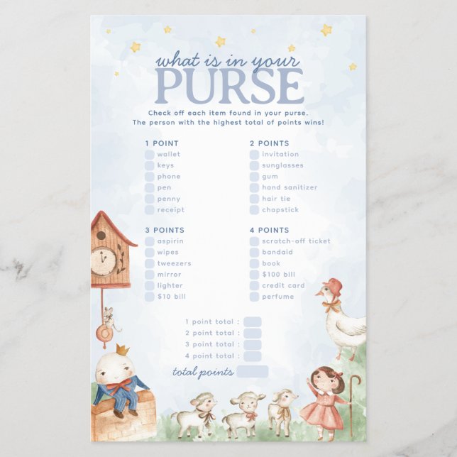 Flyer Juego de Baby Shower Nursery Rhyme Purse (Frente)