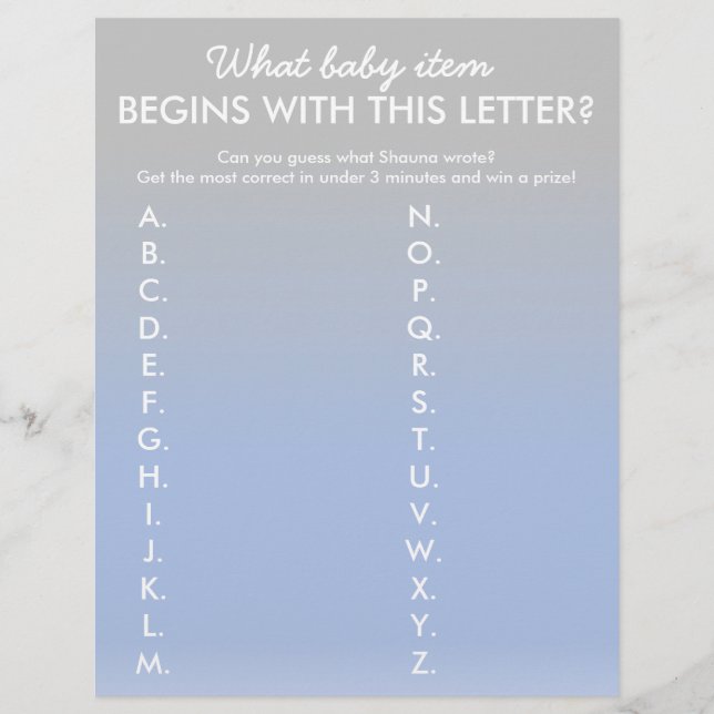 Flyer Juego de Baby Shower Ombre Blue Silver Adivina qué (Frente)