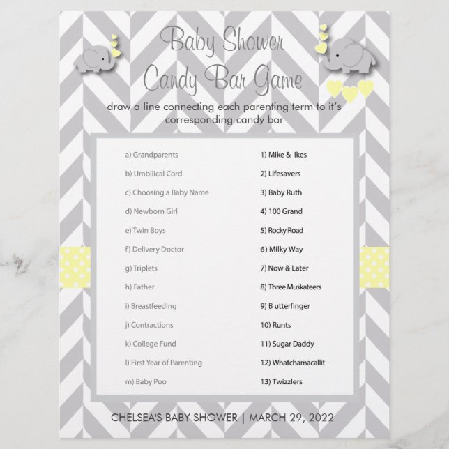 Flyer Juego de Baby Shower para elefantes amarillos y gr (Frente)