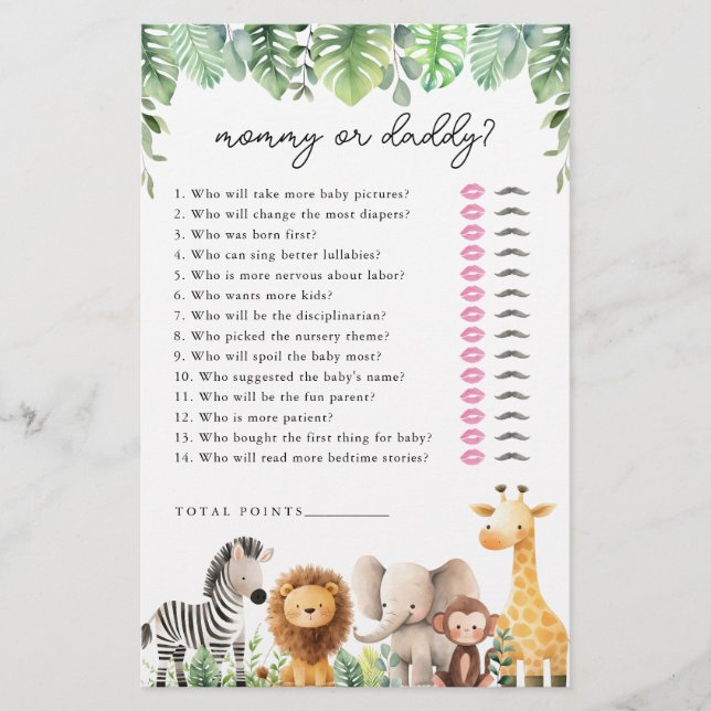 Flyer Juego de Baby Shower Safari - Mamá o Papá (Frente)