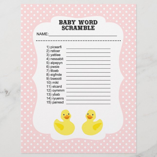 Flyer Juego de Baby Shower Word Scramble (Frente)