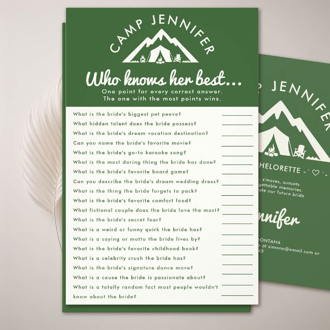 Flyer Juego de Bachelorette Camp que conoce su verde (camp bachelorette party forest green game who knows her best)