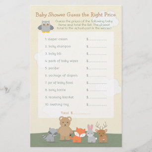 Flyer Juego de Bebe Shower Adivina el Precio de Animales