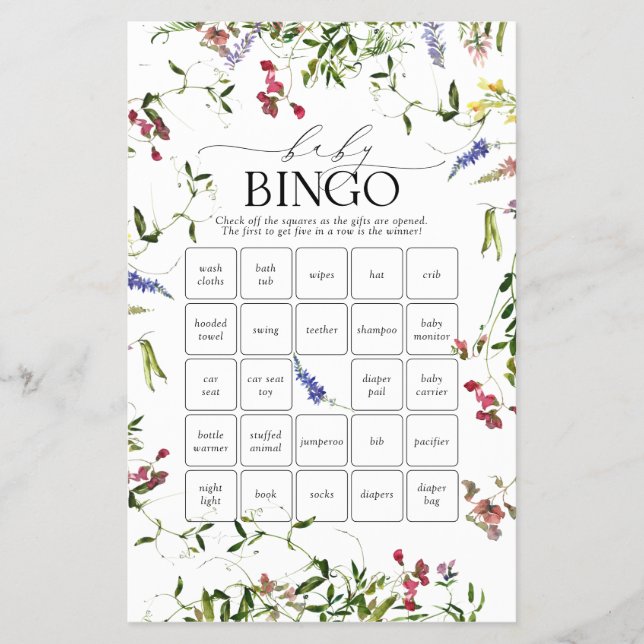 Flyer Juego de Bingo Baby Shower de Flor Silvestre de Ve (Frente)
