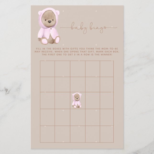 Flyer Juego de Bingo Baby Shower de Teddy Bear Rosa (Frente)