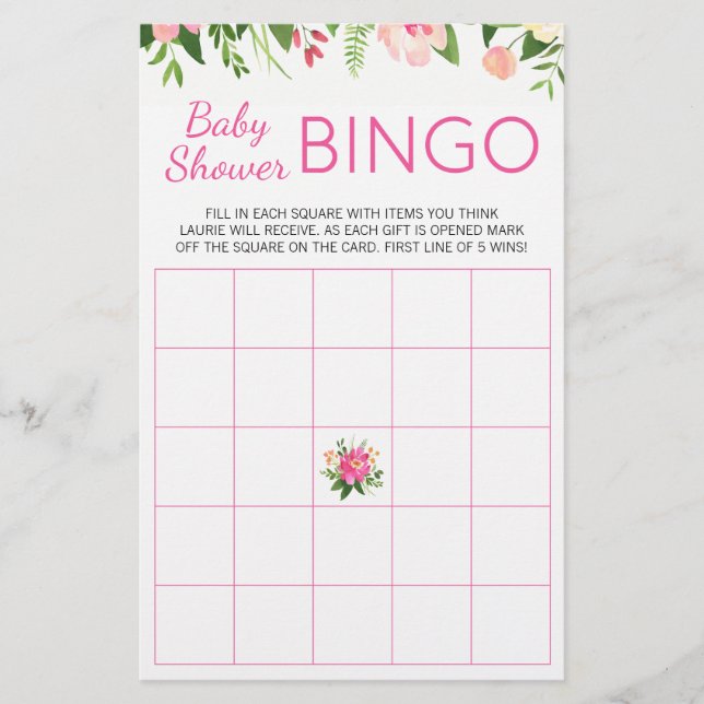 Flyer Juego de Bingo Baby Shower Floral Hot Pink (Frente)