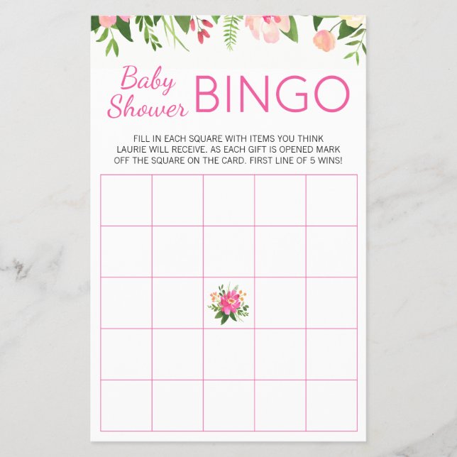 Flyer Juego de Bingo Baby Shower Floral Hot Pink (Frente)