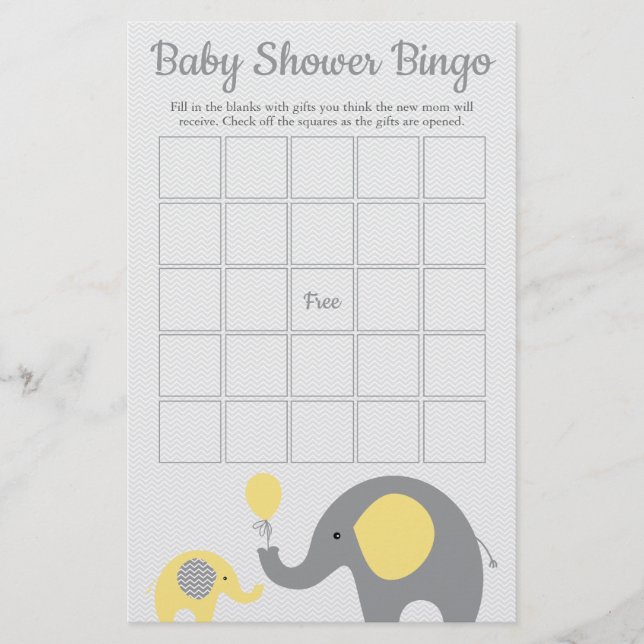 Flyer Juego de Bingo Baby Shower para Elefantes Amarillo (Frente)