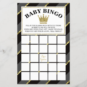 Flyer Juego de bingo Baby Shower, Prince, Black and Gold