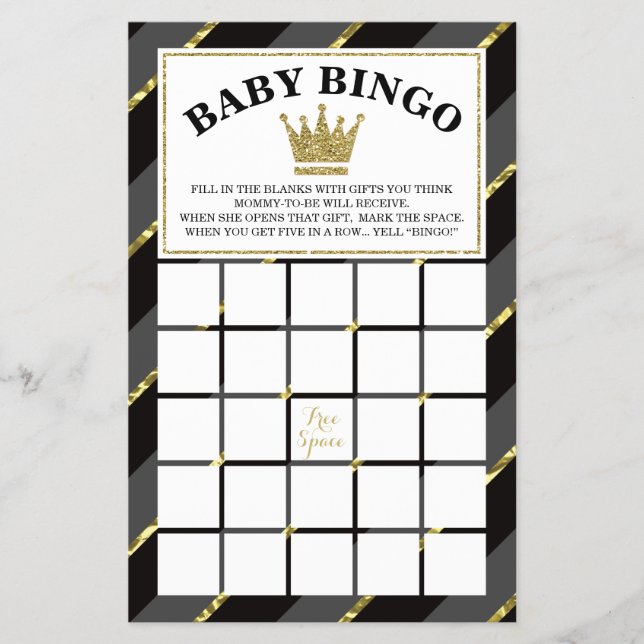 Flyer Juego de bingo Baby Shower, Prince, Black and Gold (Frente)