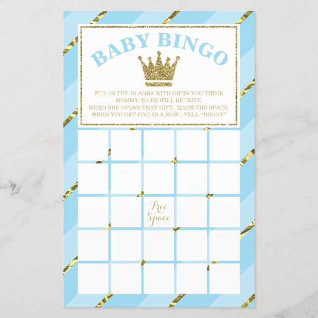 Flyer Juego de bingo Baby Shower, Prince, Blue y Gold (Frente)
