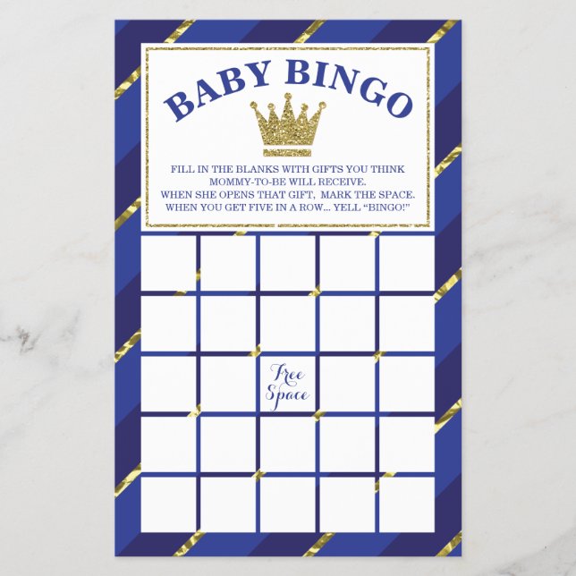 Flyer Juego de bingo Baby Shower, Prince, Blue y Gold (Frente)