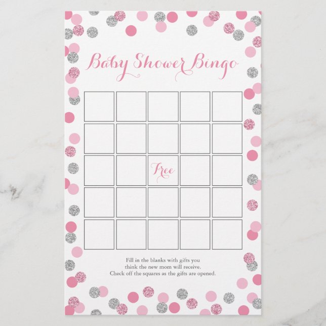 Flyer Juego de bingo Baby Shower Purpurina rosa y plata (Frente)