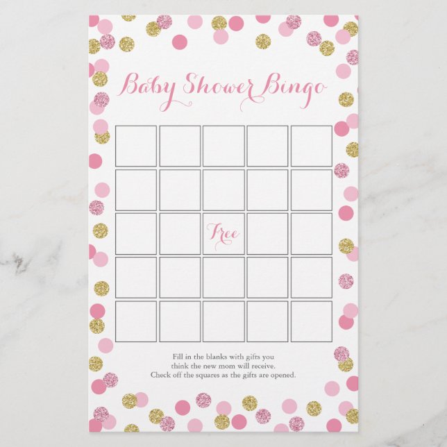 Flyer Juego de bingo Baby Shower Purpurina rosado y dora (Frente)