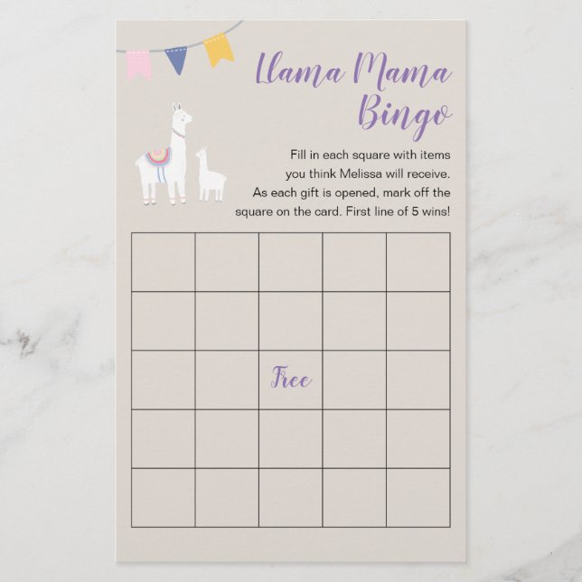 Flyer Juego de Bingo de Baby Shower Llama Mama Cute (Frente)