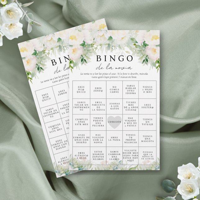 Flyer Juego de Bingo de Ducha Bridal Inglés Bilingüe Esp (Bridal shower bingo in Spanish with lovely white florals and elegant calligraphy script)
