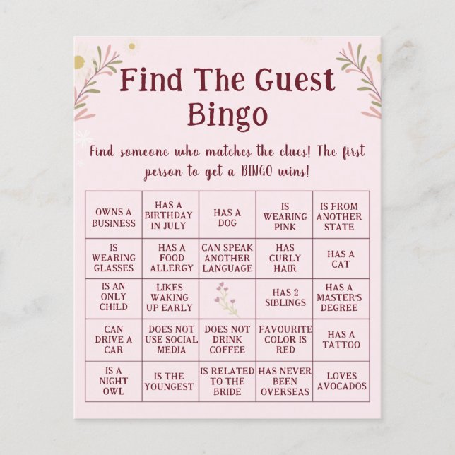 Flyer Juego de Bingo de Invitados Personalizado Boho Flo (Frente)
